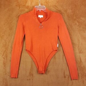 UNIF Top Womens Small Orange Ribbed Knit Bodysuit 1/4 Zip Mock Neck Stretch